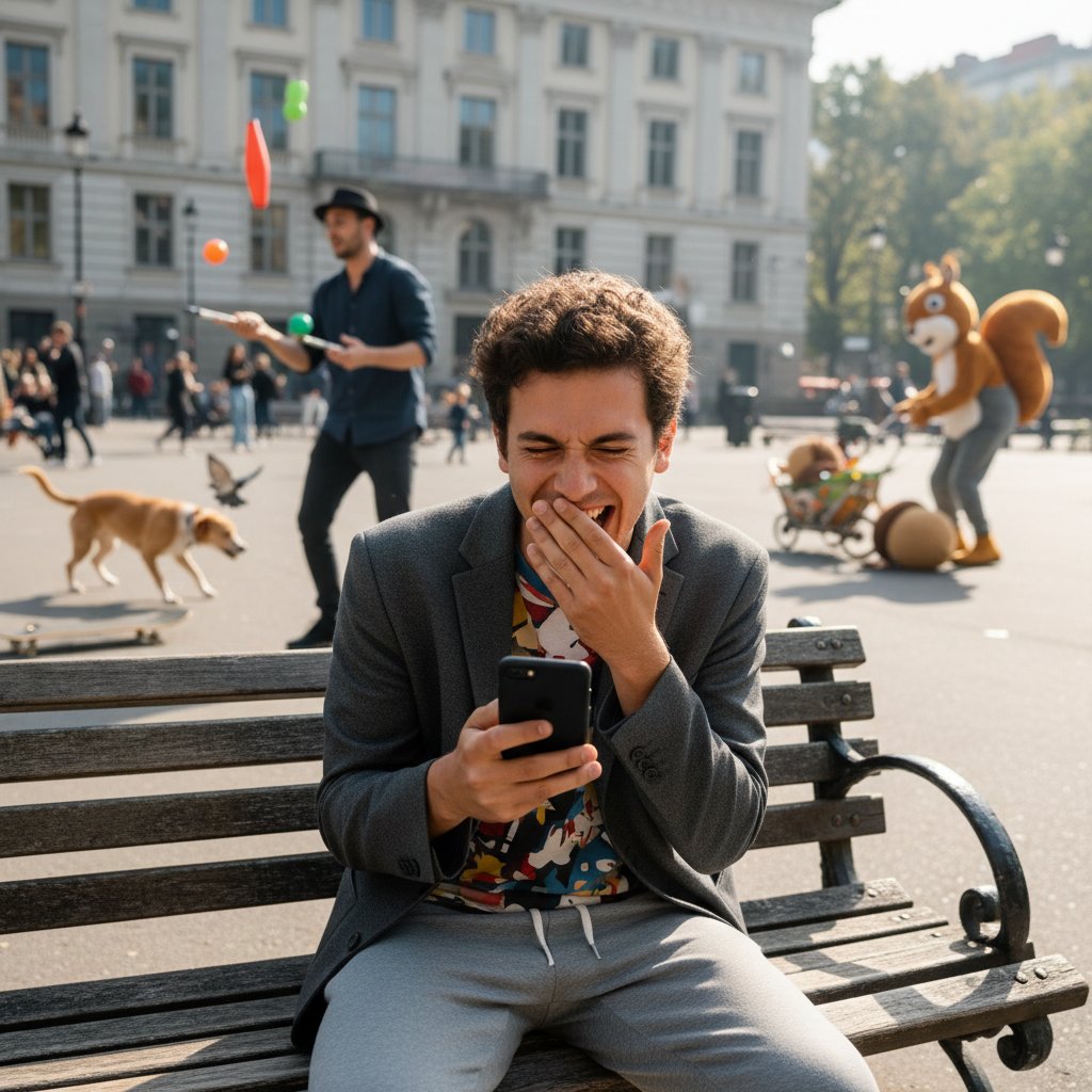 Młoda osoba śmiejąca się do telefonu podczas rozmowy online, nietypowa sytuacja