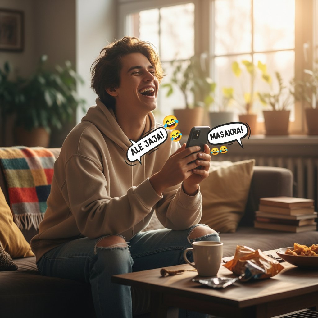 Osoba młoda śmieje się do telefonu, na ekranie wyświetlają się polskie zwroty slangowe, klimat luzu