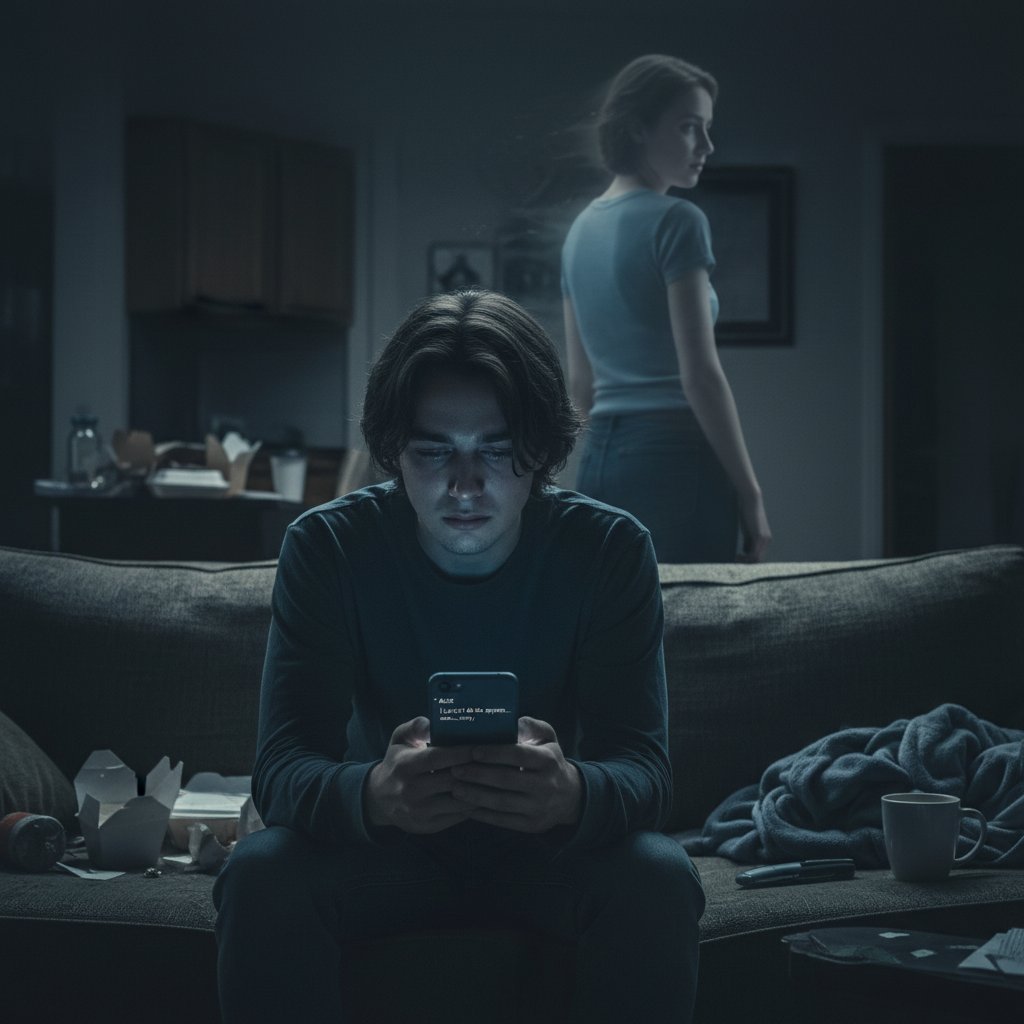 Młoda osoba patrząca na pusty ekran telefonu, samotność, wyczekiwanie, temat: ghosting