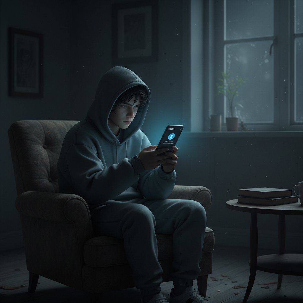 Młoda osoba trzymająca telefon z aplikacją MBEB, pogrążona w samotności