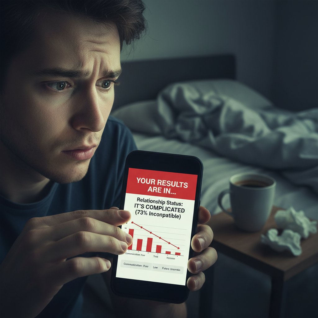 Young person alone at night checking quiz results on their phone, looking anxious, representing the emotional impact of online relationship quizzes
