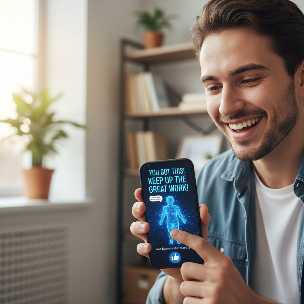 Młoda osoba z telefonem, uśmiech, rozmowa z AI, motywacja do działania