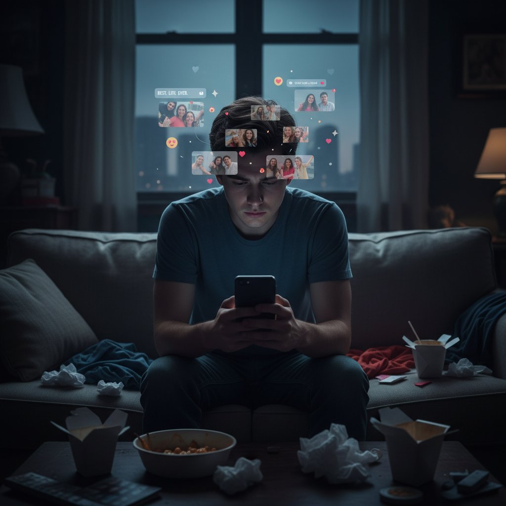 Młoda osoba przeglądająca telefon, presja mediów społecznościowych, samotność