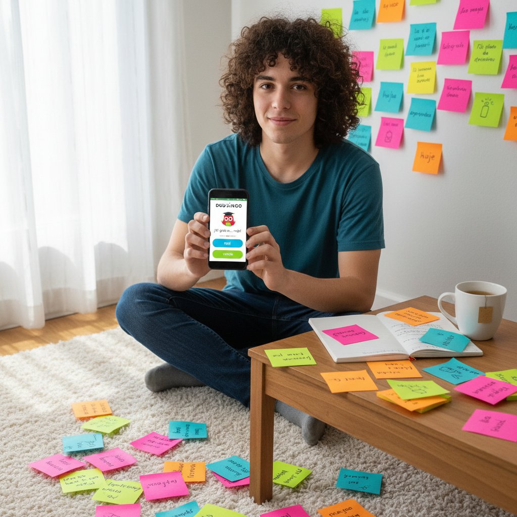 Młoda osoba korzystająca z telefonu, na ekranie widoczna aplikacja do nauki hiszpańskiego, wokół kolorowe notatki