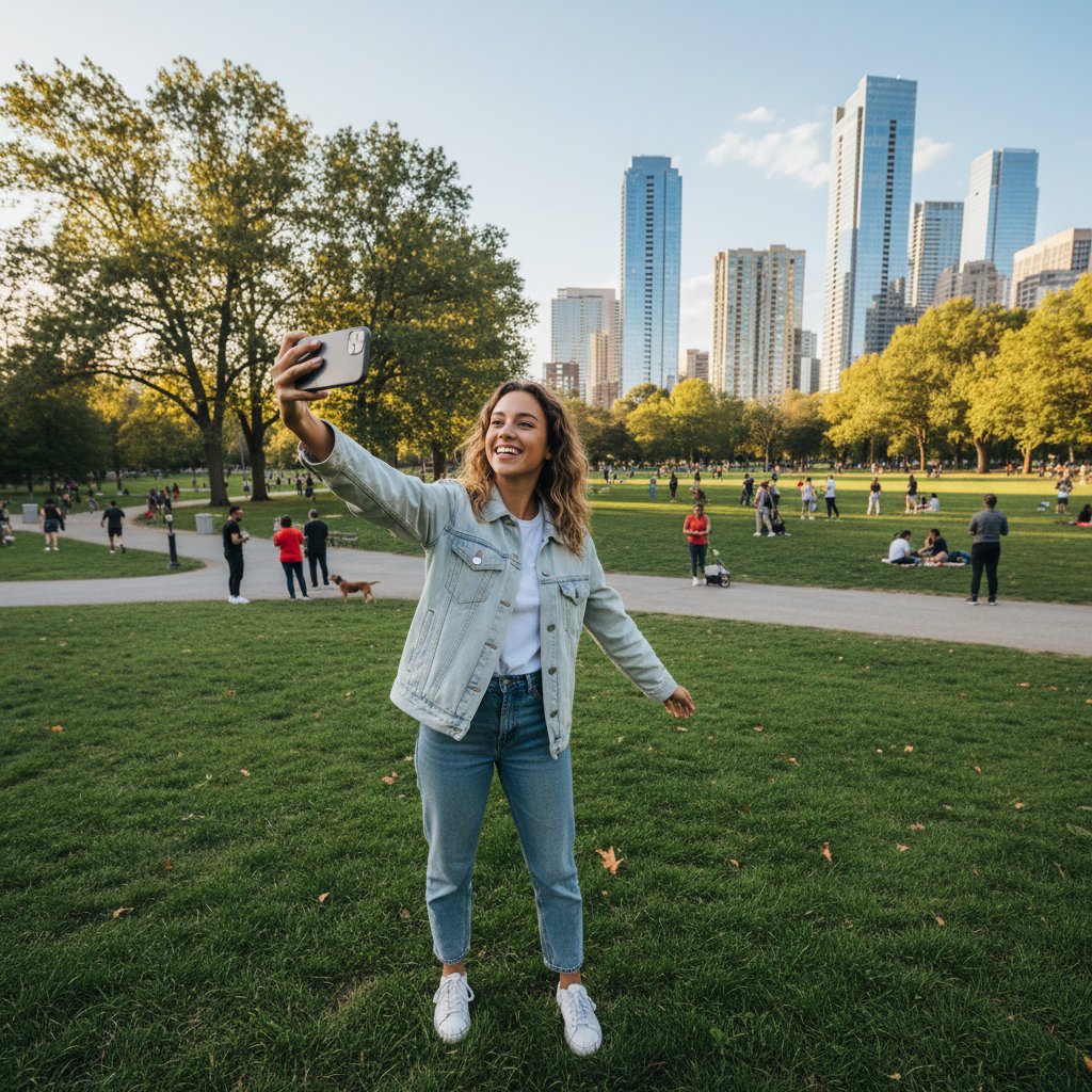 Młoda osoba z telefonem, swobodnie uśmiechnięta, siedzi na ławce w miejskim parku, atmosfera lekka, otwarta
