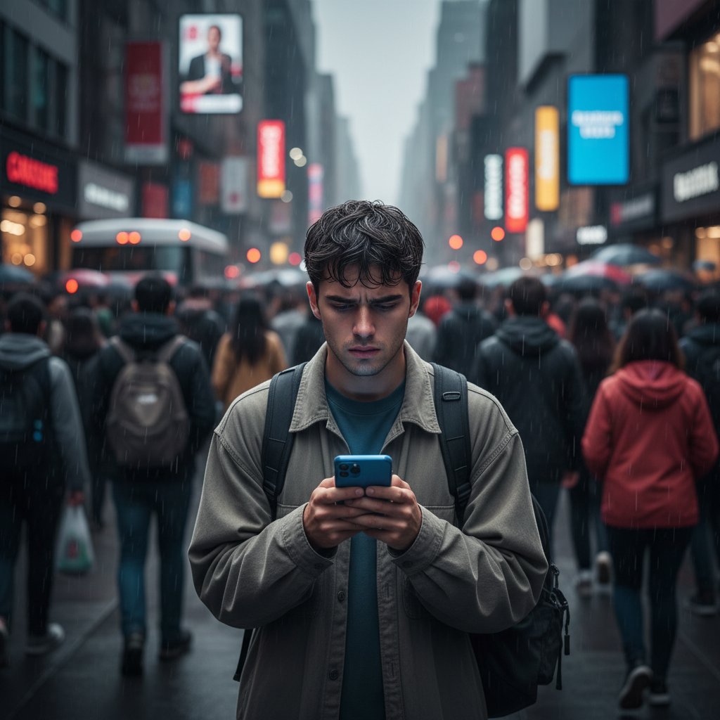 Młoda osoba patrząca na telefon z niepokojem, samotna w tłumie – ilustracja typowych objawów FOMO