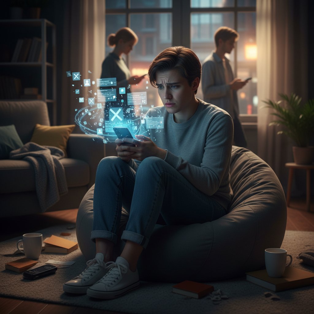 Młoda osoba patrząca na telefon, widoczny niepokój i stres związany z mediami społecznościowymi