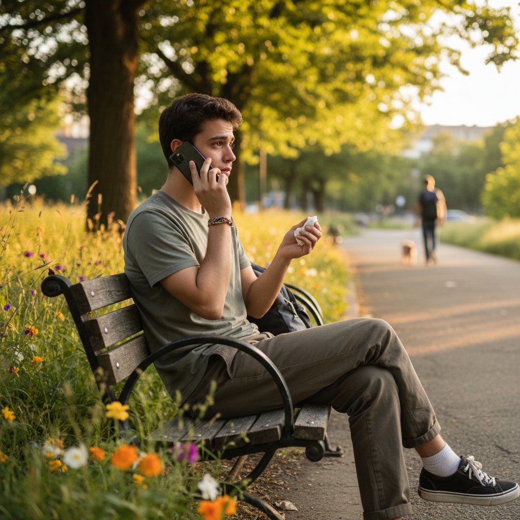 Młoda osoba rozmawiająca przez telefon w parku, symbolizująca dostępność wsparcia w każdej chwili