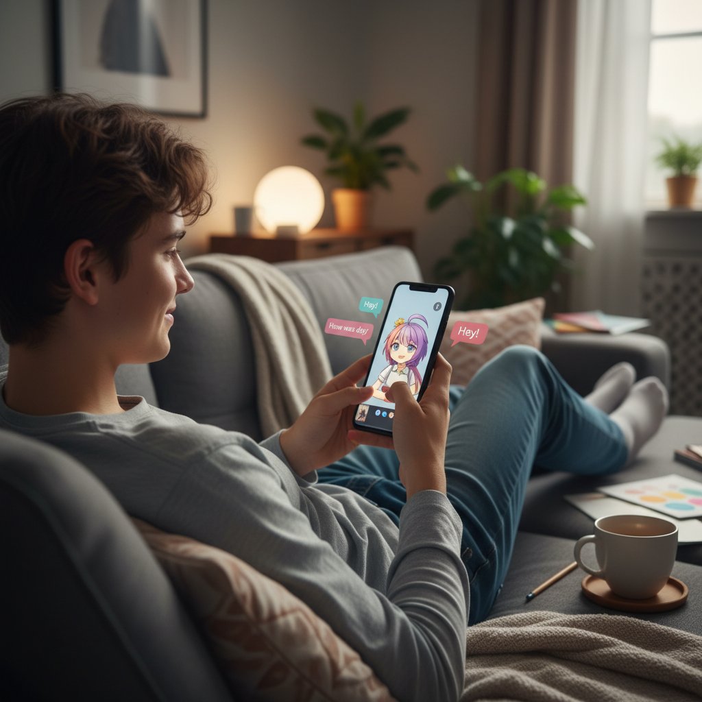 Młoda osoba rozmawiająca z wirtualnym kumplem przez telefon, widoczny uśmiech i rozluźnienie