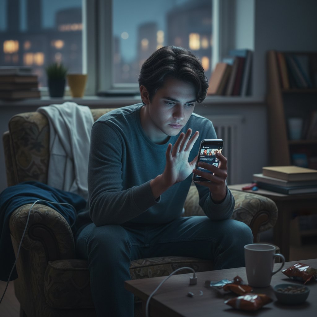 Młoda osoba siedząca samotnie w pokoju, światło ekranu telefonu podkreśla izolację cyfrową