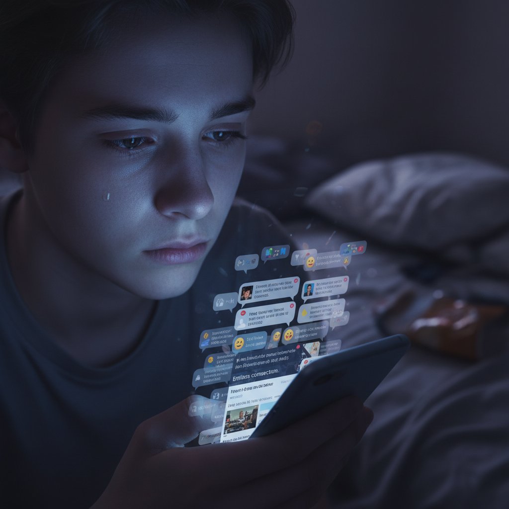 Młody człowiek wpatrujący się w ekran telefonu, otoczony powiadomieniami, symbolizujący wpływ mediów na rozumienie depresji