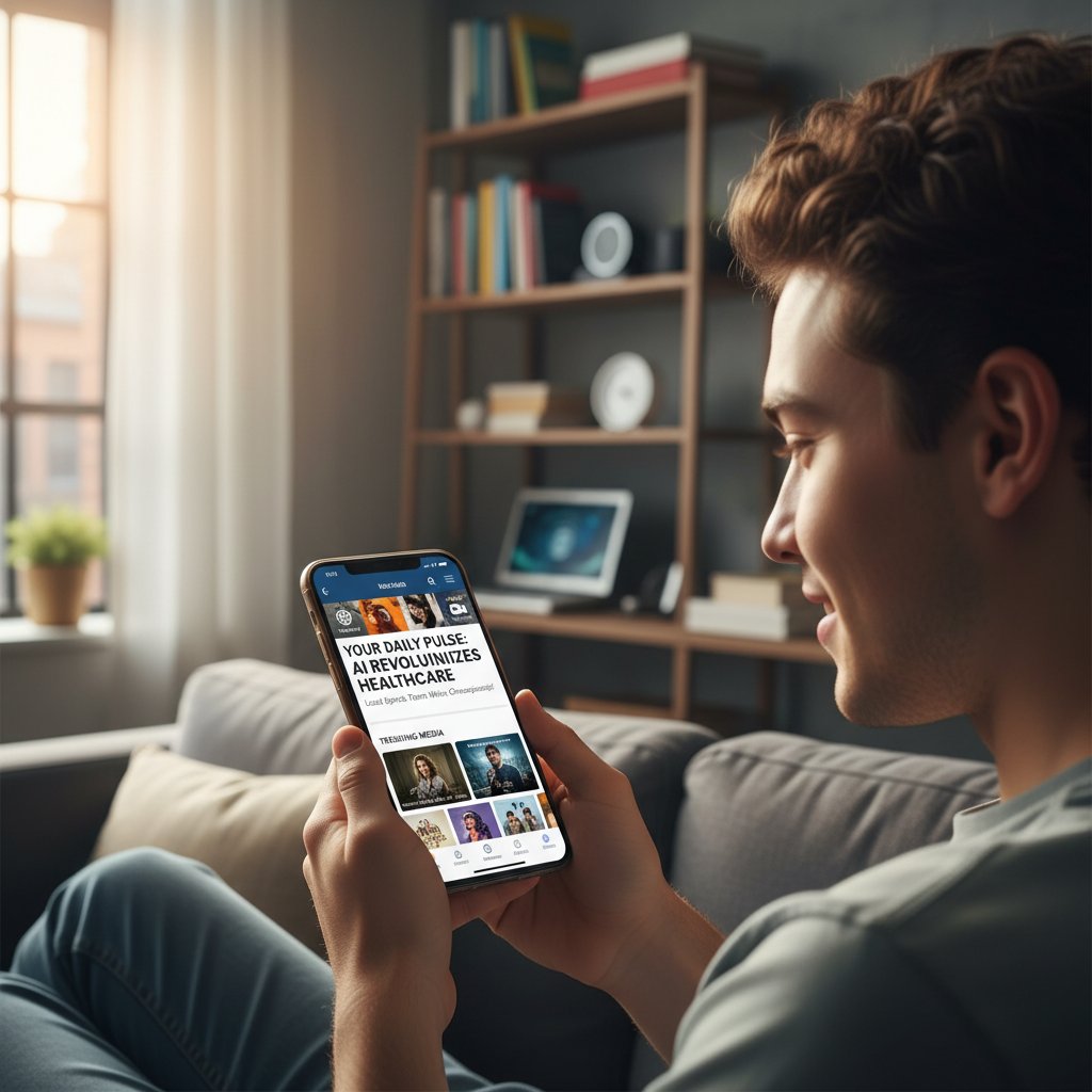 Młoda osoba patrzy na ekran telefonu z wyświetlonymi spersonalizowanymi wiadomościami