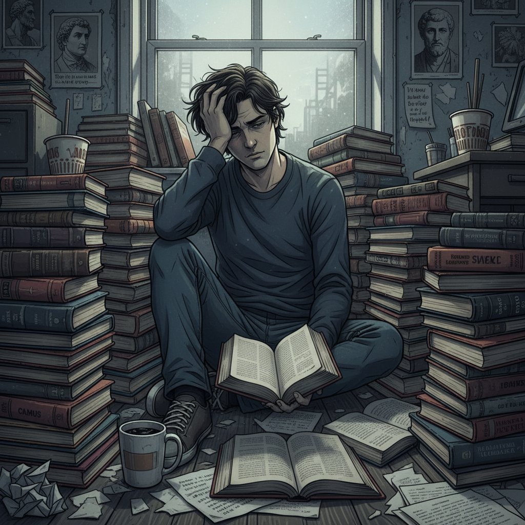Młoda osoba zrezygnowana patrzy na stos książek filozoficznych; motyw przewodni: alternatywa dla książek filozoficznych