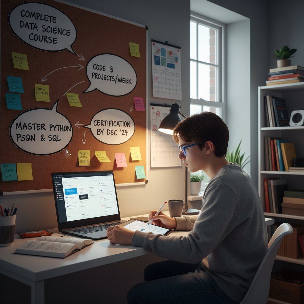 Młody człowiek planuje naukę online przy biurku, na ścianie zawieszone kartki z celami i harmonogramem, atmosfera skupienia i kreatywności