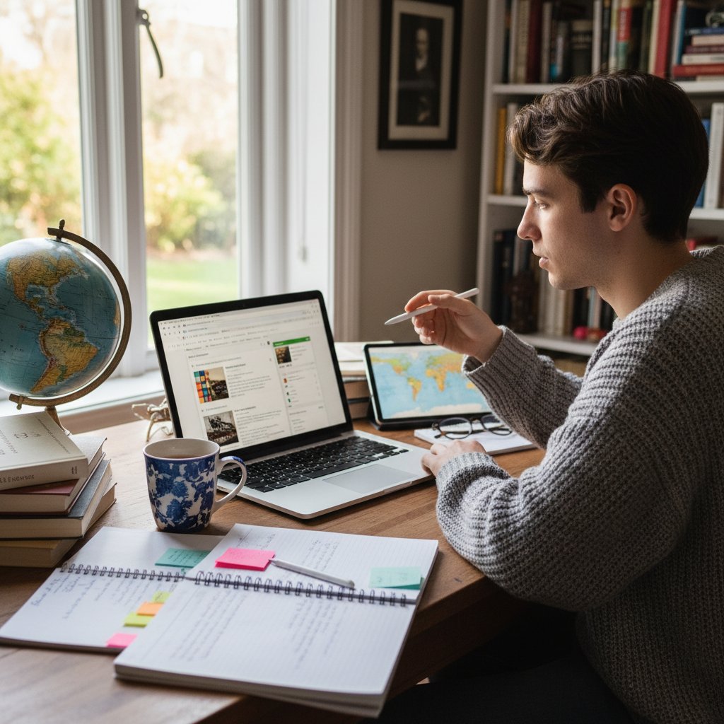 Młoda osoba planuje naukę historii online przy biurku z laptopem, notatkami i otwartą platformą edukacyjną