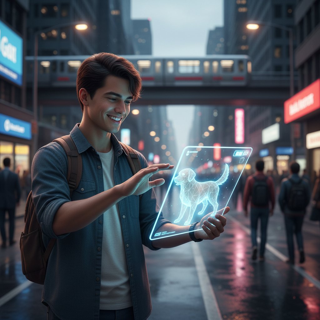 Junge Person spielt unterwegs mit virtueller Hunde-App, flexible Nutzung, urbane Kulisse