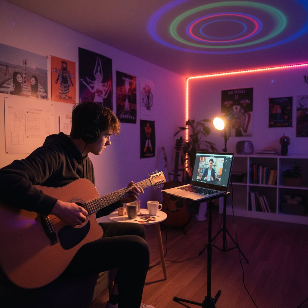 Młoda osoba gra na gitarze podczas lekcji online, laptop, kolorowe światło, kreatywna atmosfera