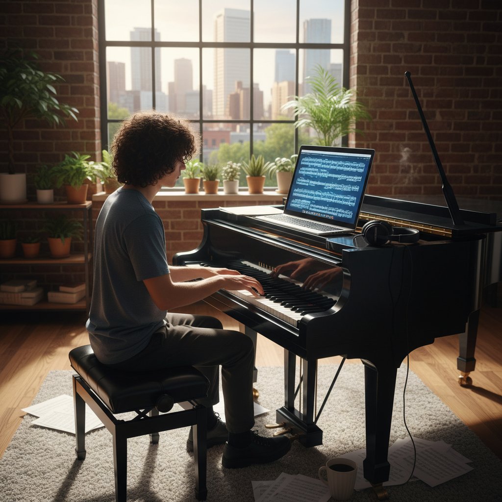 Młoda osoba grająca na pianinie przed laptopem, cyfrowy nutnik w tle