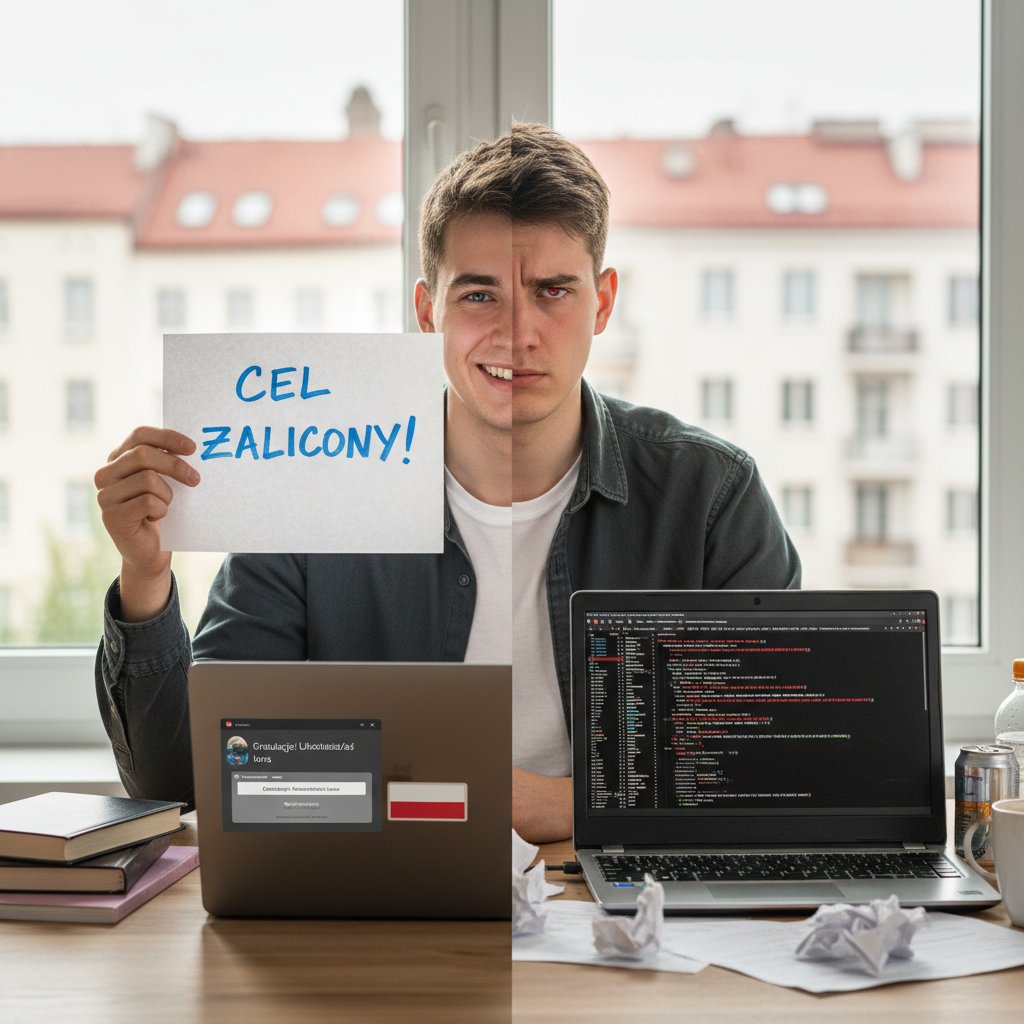 Młoda osoba w Polsce analizująca wyniki nauki online przy laptopie, od frustracji do sukcesu