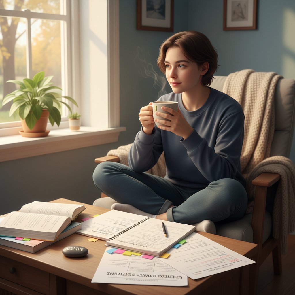 Spokojny poranek przed egzaminem: młody człowiek pije herbatę i organizuje notatki