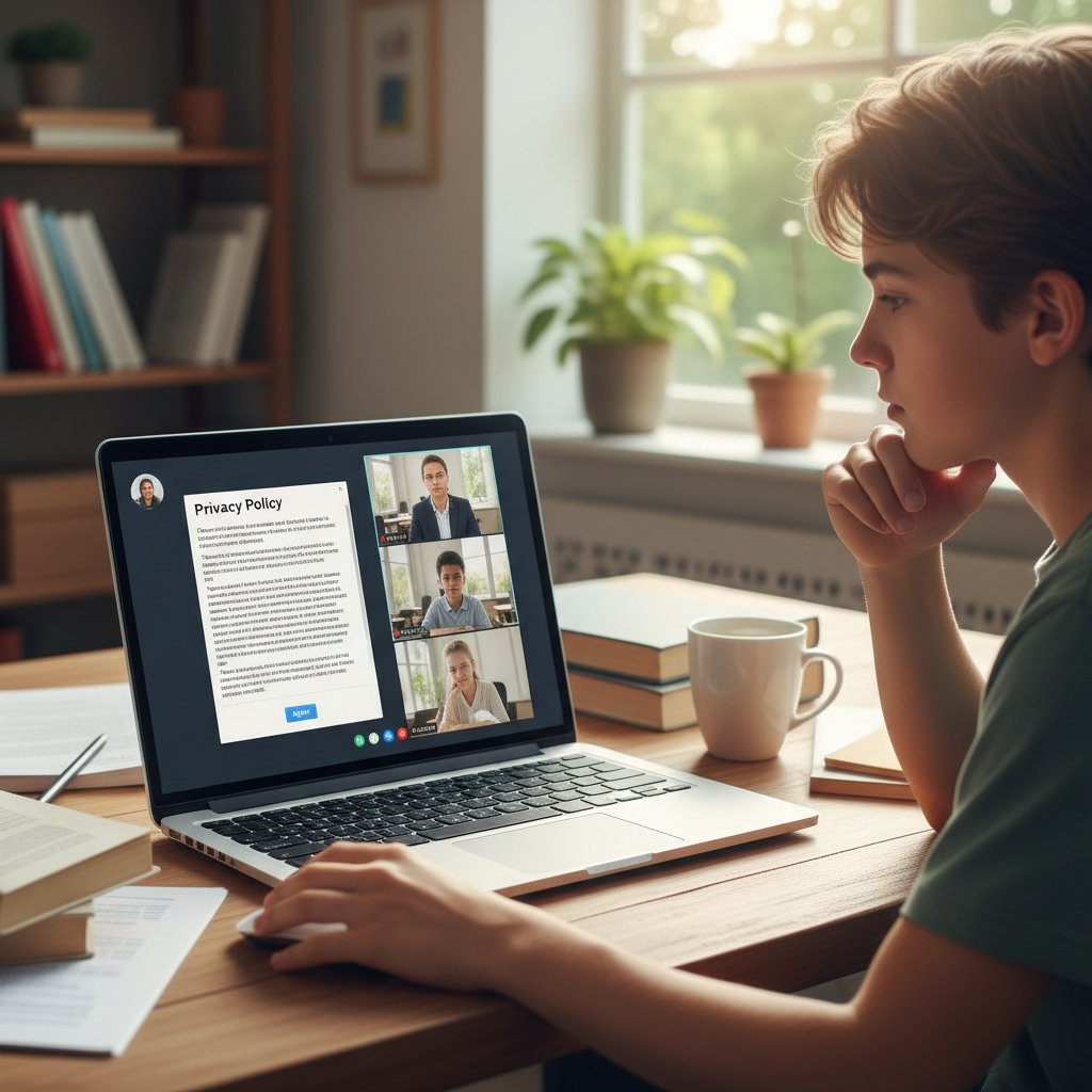 Młoda osoba analizująca politykę prywatności na ekranie laptopa podczas lekcji online