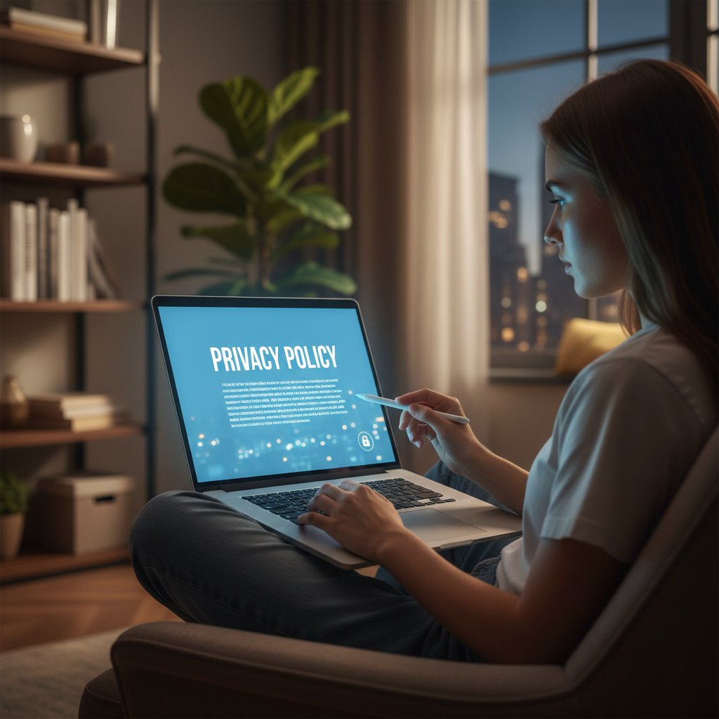 Zdjęcie przedstawiające młodą osobę przeglądającą politykę prywatności na ekranie laptopa, atmosfera refleksji