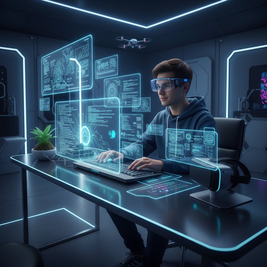 Młody człowiek programujący przy komputerze, nowoczesne technologie i kreatywność