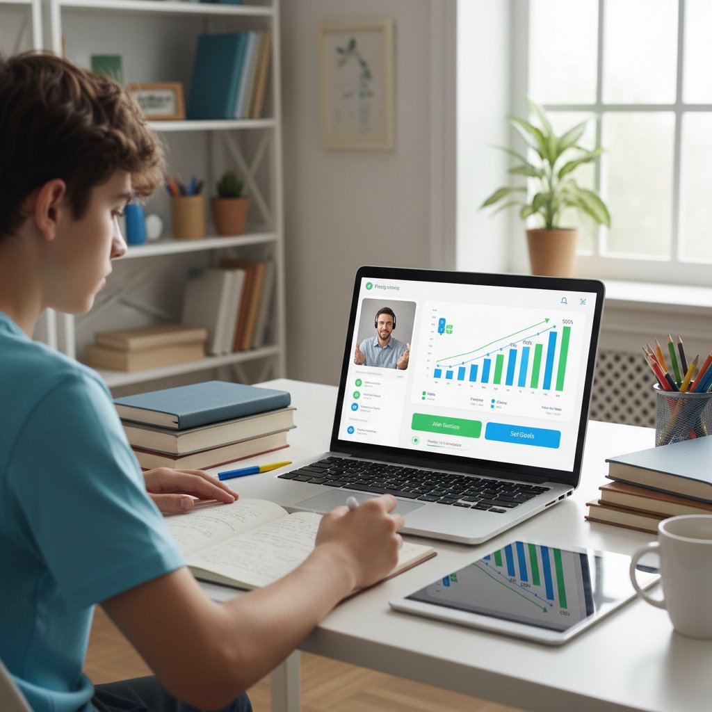 Młoda osoba analizuje wykresy postępów na laptopie, aplikacja do korepetycji online, słowa kluczowe: raport postępów, wybór platformy edukacyjnej