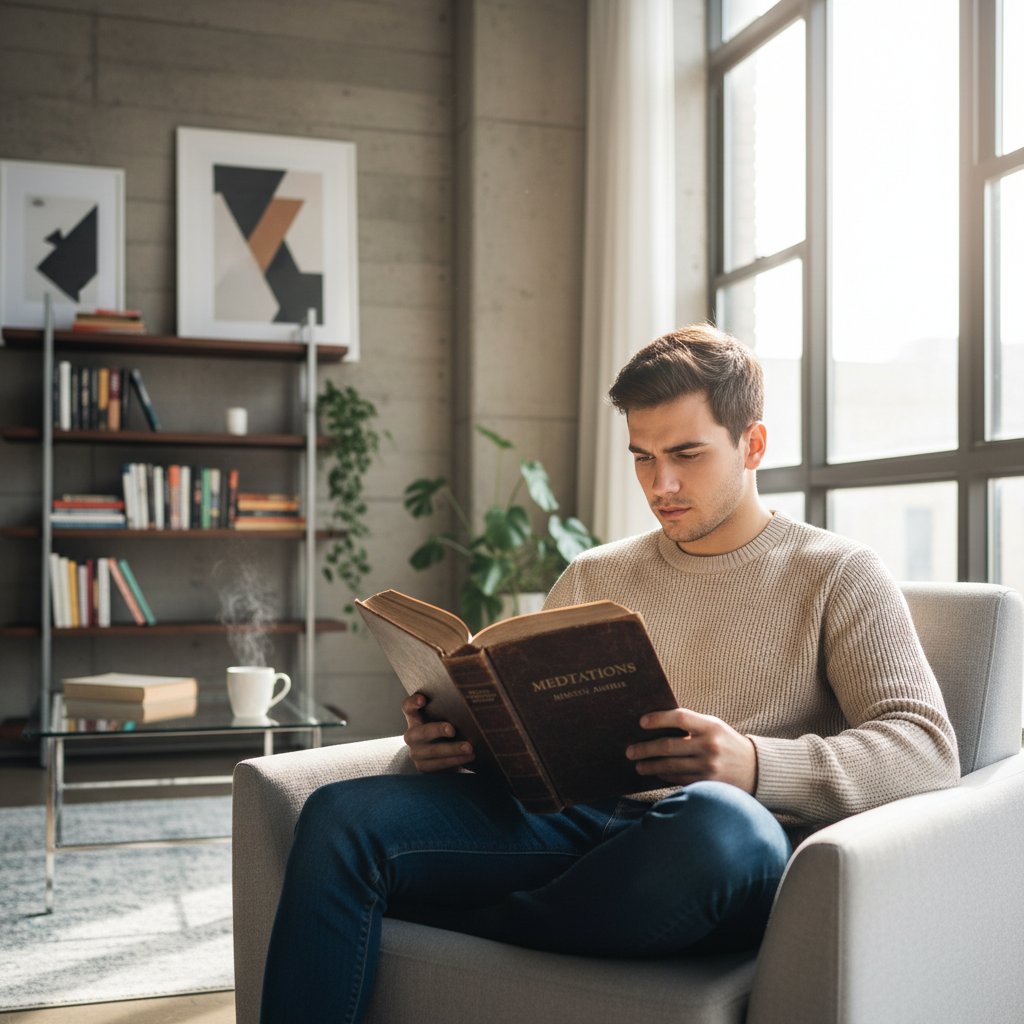 Młoda osoba czytająca filozoficzną książkę w nowoczesnym otoczeniu