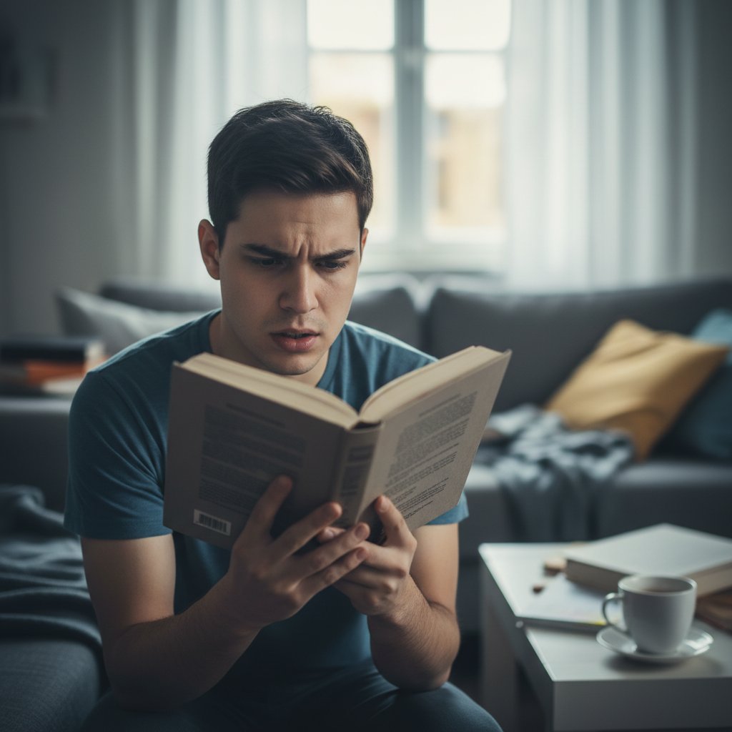 Młoda osoba próbuje czytać, lekko mrużąc oczy, z rozmytym tekstem – domowa sceneria, lekki niepokój