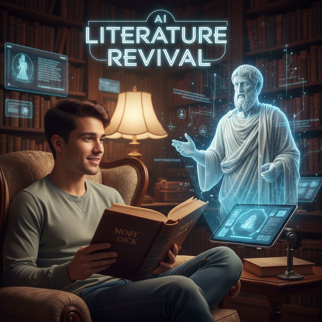 Młoda osoba czytająca klasyczną książkę i jednocześnie rozmawiająca z cyfrowym bohaterem, AI, revival literatury