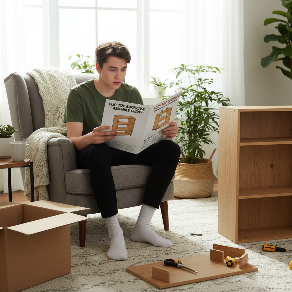 Młoda osoba czyta instrukcję pobrania kału w domu, uśmiechnięta, zrelaksowana atmosfera