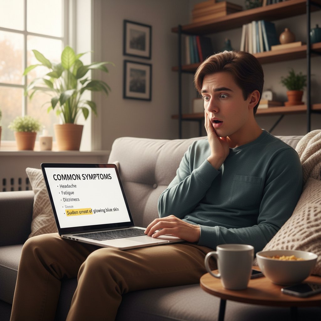 Młoda osoba czyta w internecie o objawach na ekranie laptopa, wyraz twarzy zaskoczenie i zaniepokojenie, otoczenie domowe