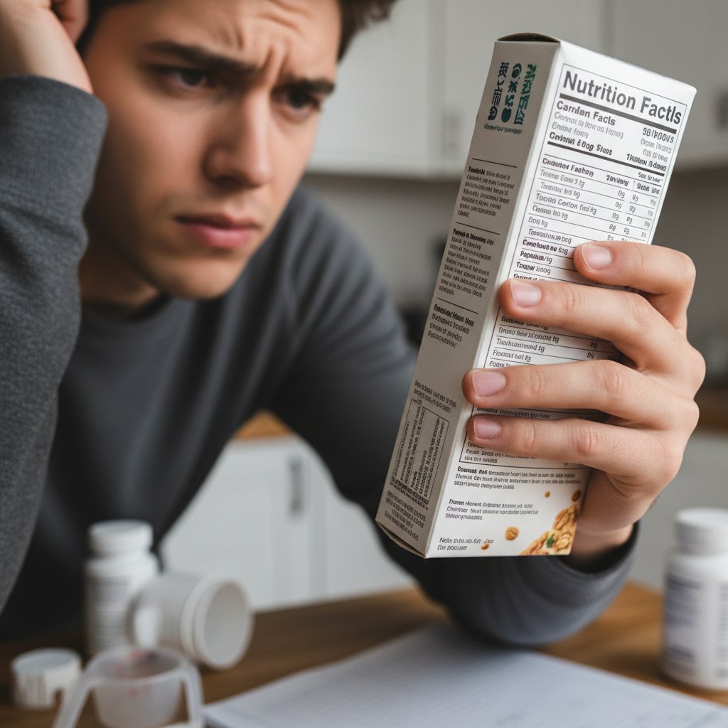 Młoda osoba analizująca etykietę w sklepie z zaniepokojoną miną – obraz obsesji na punkcie zdrowego jedzenia