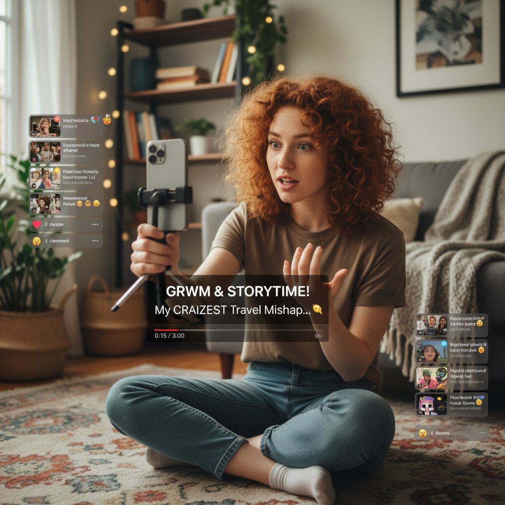 Młoda osoba nagrywająca kreatywny filmik na TikToka, storytelling w social mediach