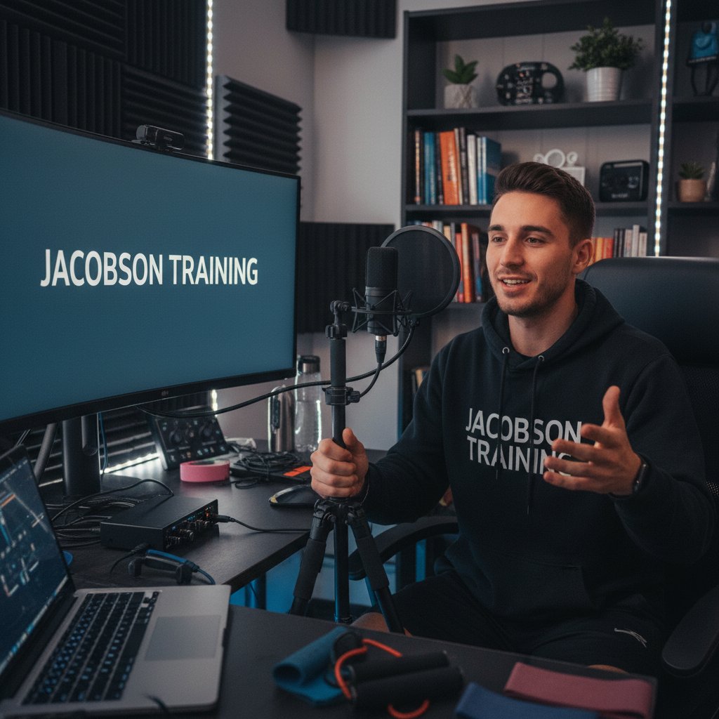 Młoda osoba nagrywająca wideo instruktażowe do treningu Jacobsona na tle domowego studia