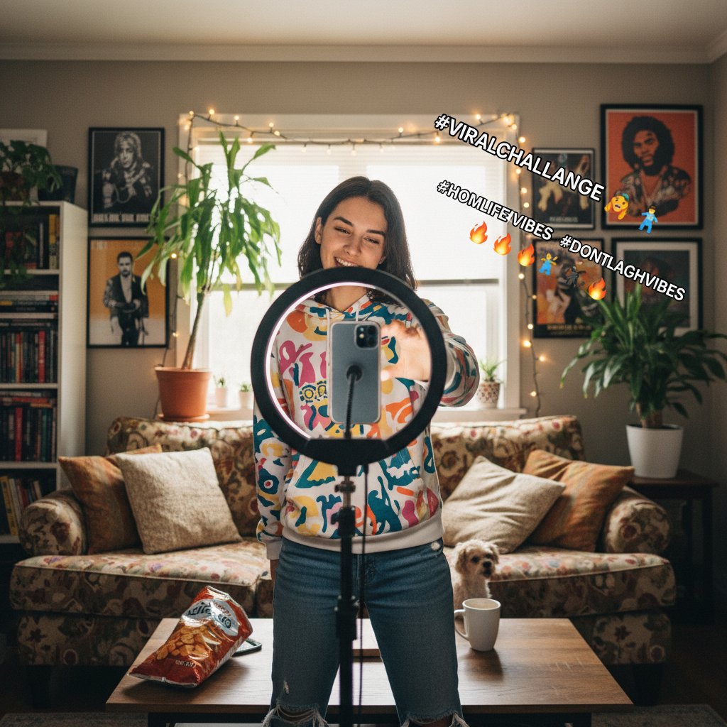 Zdjęcie młodej osoby, która nagrywa viralowy filmik na smartfonie w domowym otoczeniu