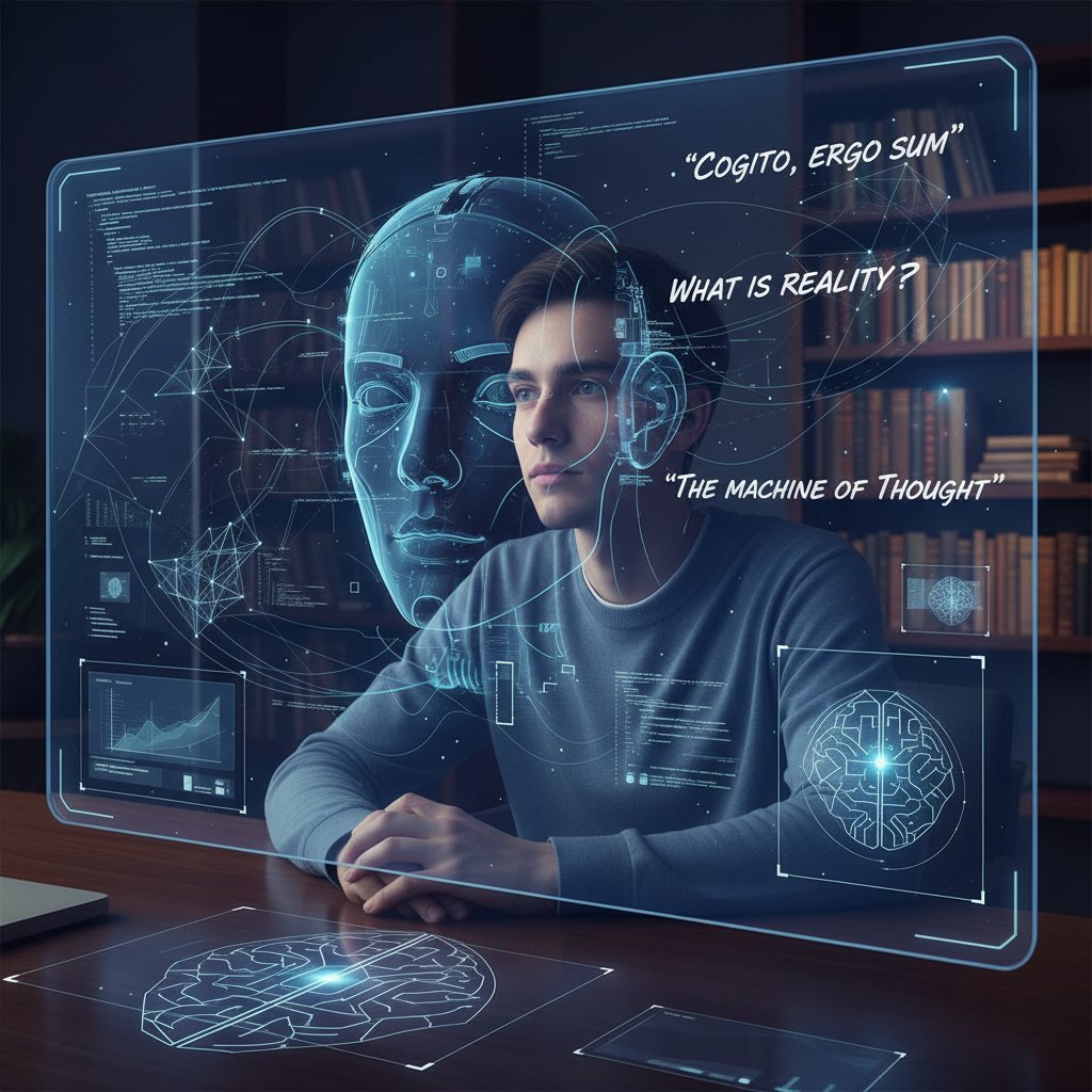 Młody człowiek pogrążony w refleksji, patrzący na ekran z tekstem AI