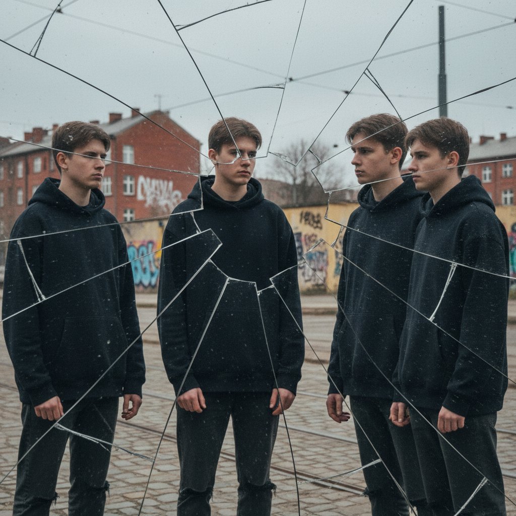 Młoda osoba patrząca w swoje odbicie w popękanym lustrze, miejski klimat, wyraz napięcia i introspekcji