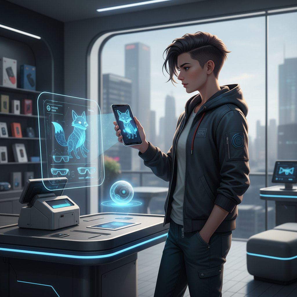 Junge Person registriert sich auf dem Smartphone bei einer KI-Begleiterin, modernes Setting, entspannte Atmosphäre