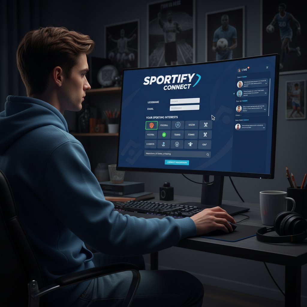 Młoda osoba zakłada konto na platformie sportowej pogawędki online, ekran z rejestracją i wyborem zainteresowań