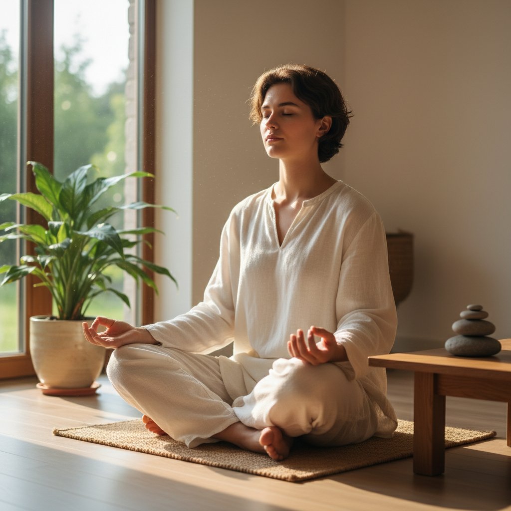 Młoda osoba zrelaksowana po ćwiczeniach mindfulness, uśmiechnięta, światło dzienne, atmosfera spokoju