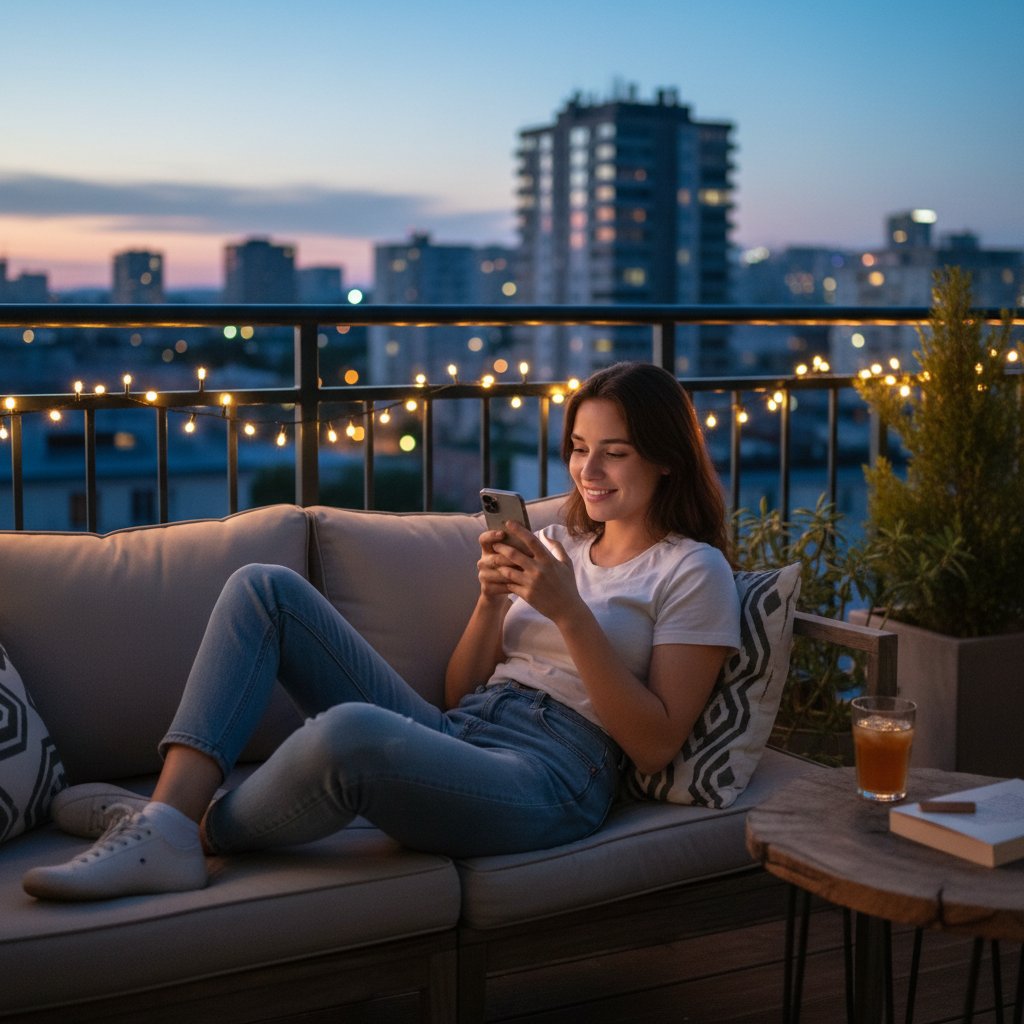 Zdjęcie młodej osoby zrelaksowanej z telefonem w ręku, wieczorna rozmowa online