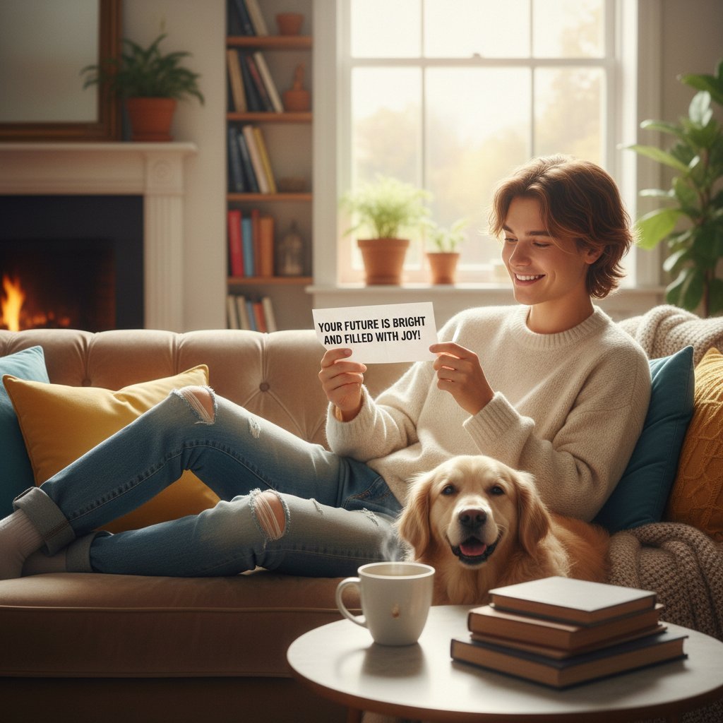 Młoda osoba zrelaksowana na kanapie czytająca pozytywną przepowiednię na telefonie, przyjazna atmosfera