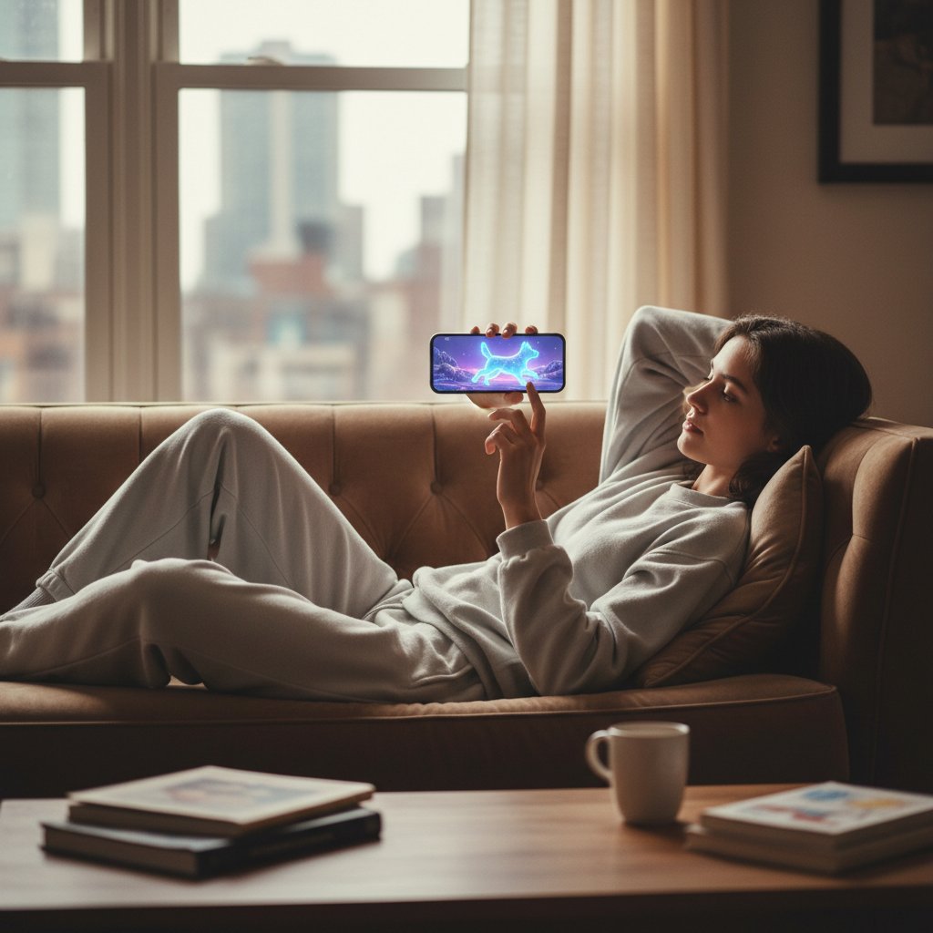 Młoda osoba relaksująca się z telefonem na kanapie, z wirtualnym pieskiem na ekranie