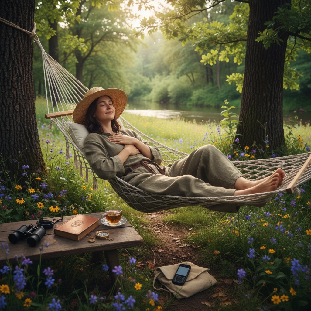 Młoda osoba relaksująca się na łonie natury, odpoczynek bez aplikacji rozrywkowych