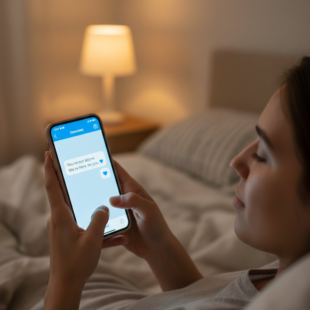 Zbliżenie na twarz młodej osoby z rozświetlonym ekranem smartfona, wyrażającej ulgę i skupienie podczas rozmowy z chatbotem