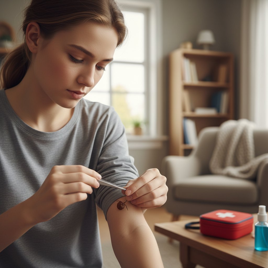 Młoda osoba usuwa kleszcza pęsetą w domowych warunkach – bezpieczne usuwanie