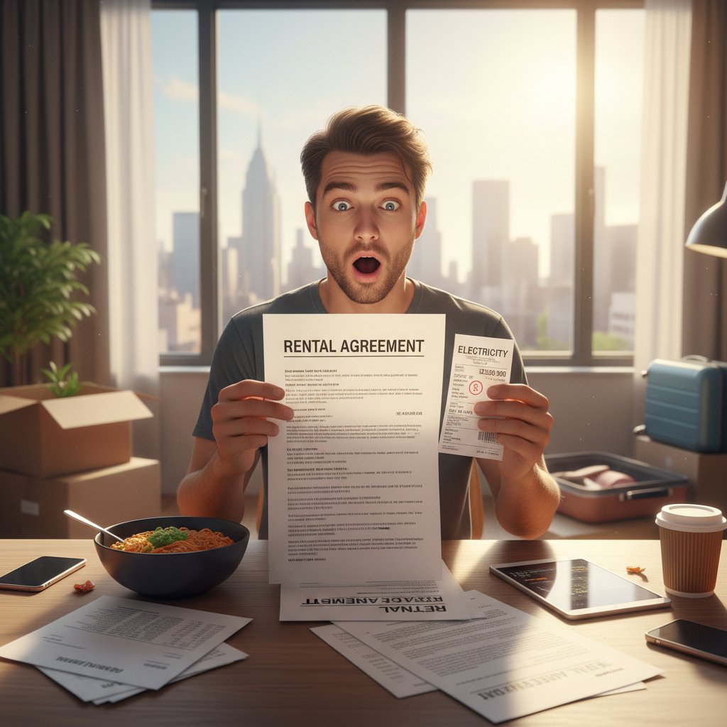 Młoda osoba zaskoczona rachunkiem i umową najmu w rękach, mieszkanie, wyraz konsternacji