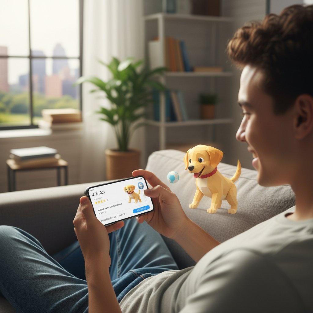 Młoda osoba analizująca recenzje aplikacji na smartfonie, fokus na ekran z pieskiem AI